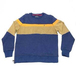 Makobi Crewneck Sweatshirt Mens S Blue Brown Striped Pullover Side Zip Heavy